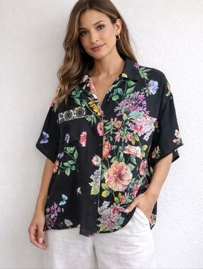 NWT Johnny Was Silk Blend Floral Camp Shirt Blouse Black Multi Button Front Sz M